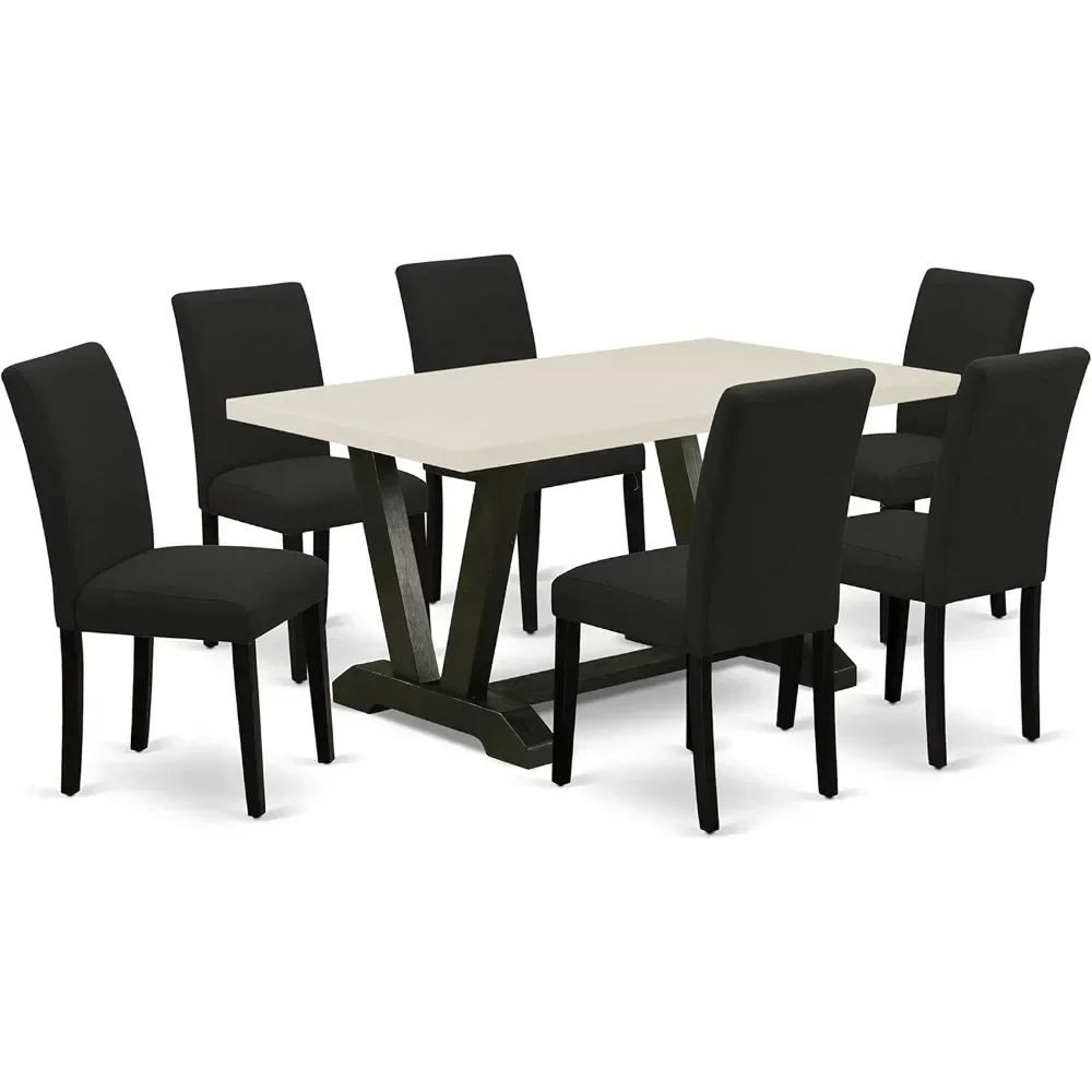 7 Piece Dining Table Set, Consist of A Rectangle Tables with V-Legs and 6 Linen Fabric Parsons Chairs, Dining Table Set