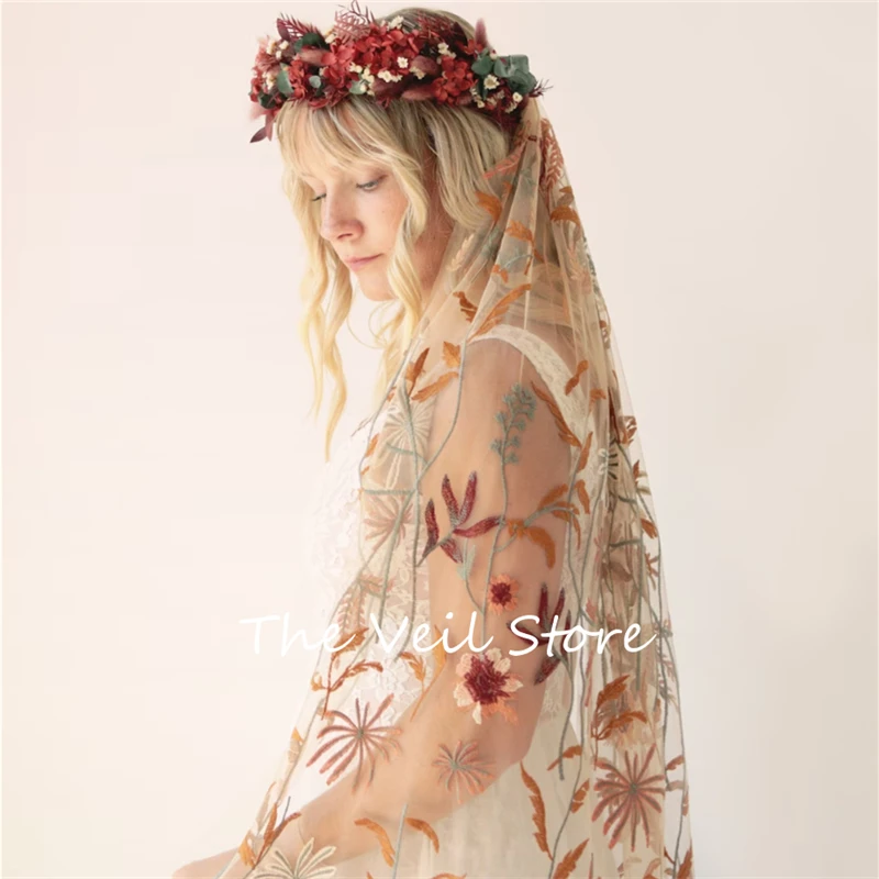 Brown Autumn Leaves  Forest Wedding Bridal Veils With Comb Fingertip Floral Flowers Embroidered Luxury Soft Tulle For Brides