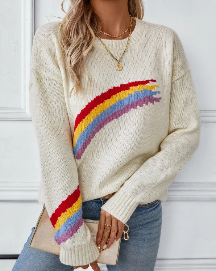 Women's Fashion Rainbow Stripe Jacquard Knitted Sweater Temperament Commuter Casual Knitted Hoodie Quick Delivery of Spot Goods