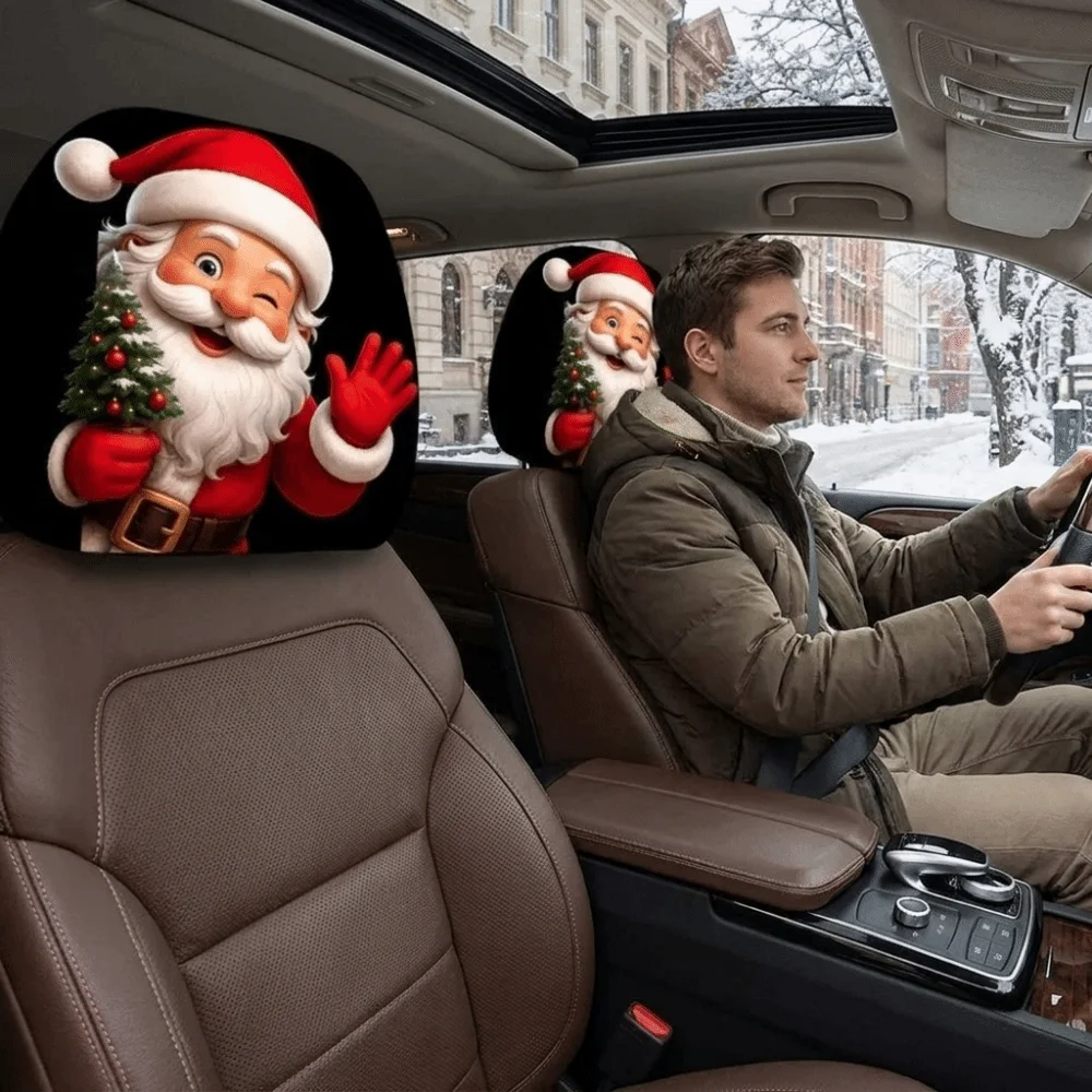 2PCS Elastic Santa Claus Car Headrest Cover Cartoon Comfortable Auto Head Protector Universal Fit Car Head Pillowcase