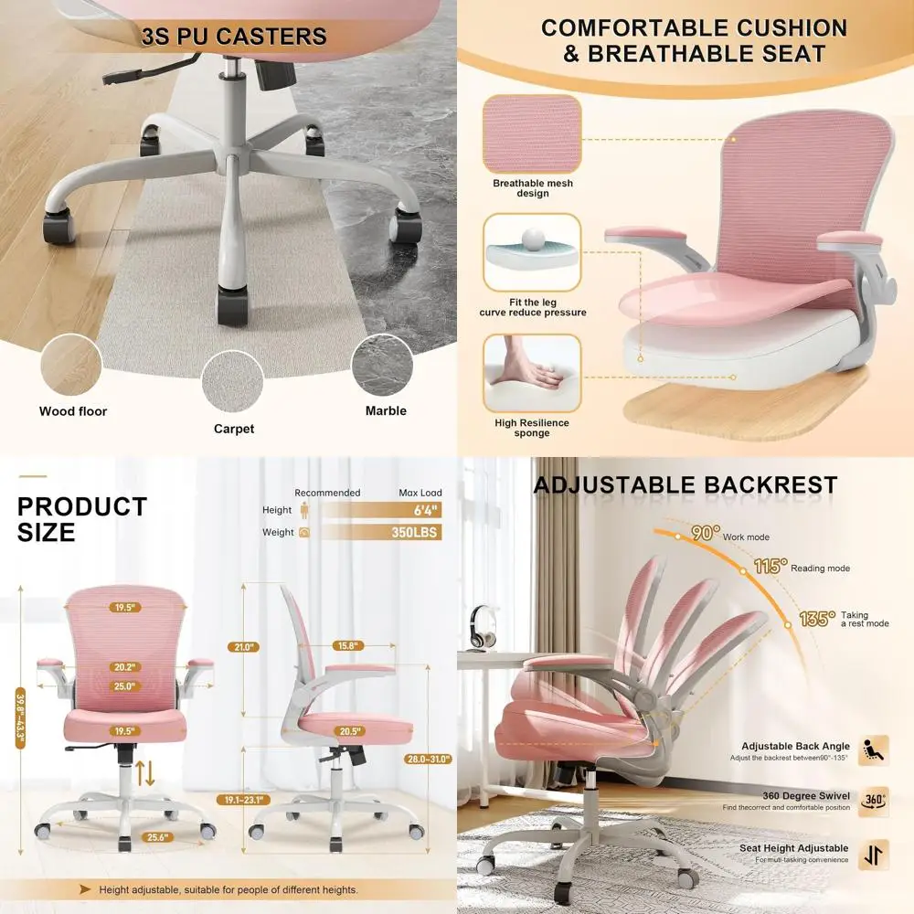 High Back Mesh Computer Chair with Adjustable Lumbar Support, 330lbs Capacity, Gray Pink