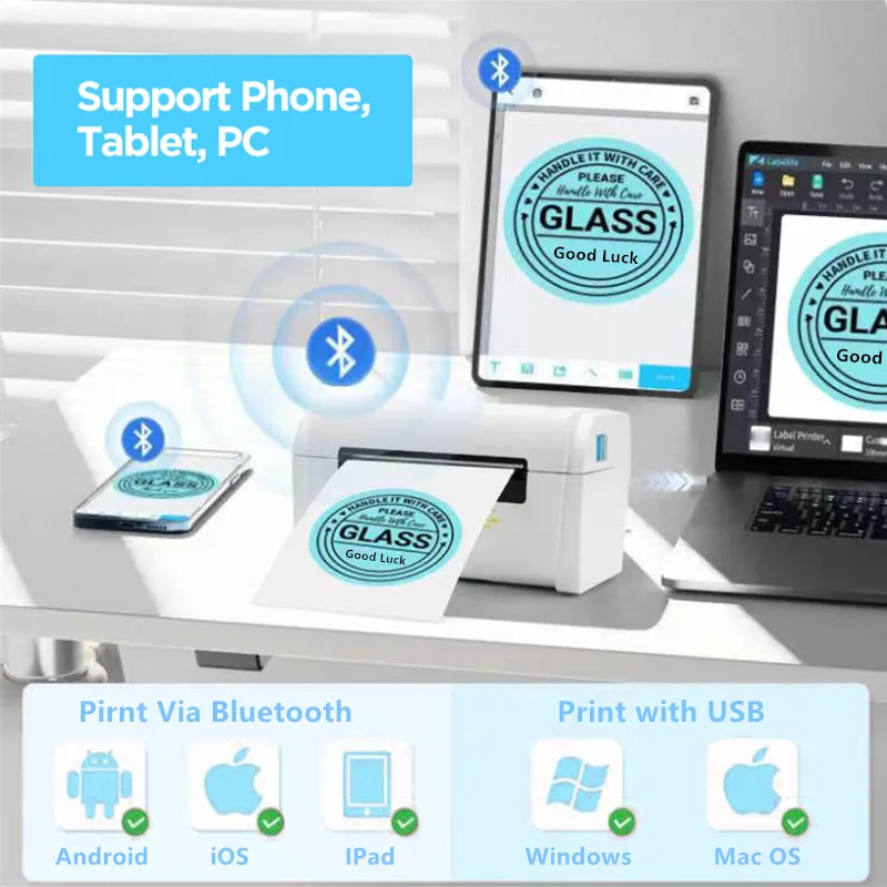 Imagem -02 - Impressora de Etiquetas Térmica sem Fio Bluetooth Pequena Impressora de Etiquetas do Transporte Compatível com Iphone Android Windows Mac os 4x6 Polegadas