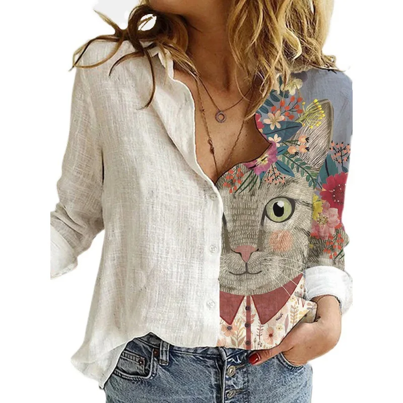 2024 Autumn new color combination lapel hand-painted printed fashion shirt women's fashion a variety of printed shirts