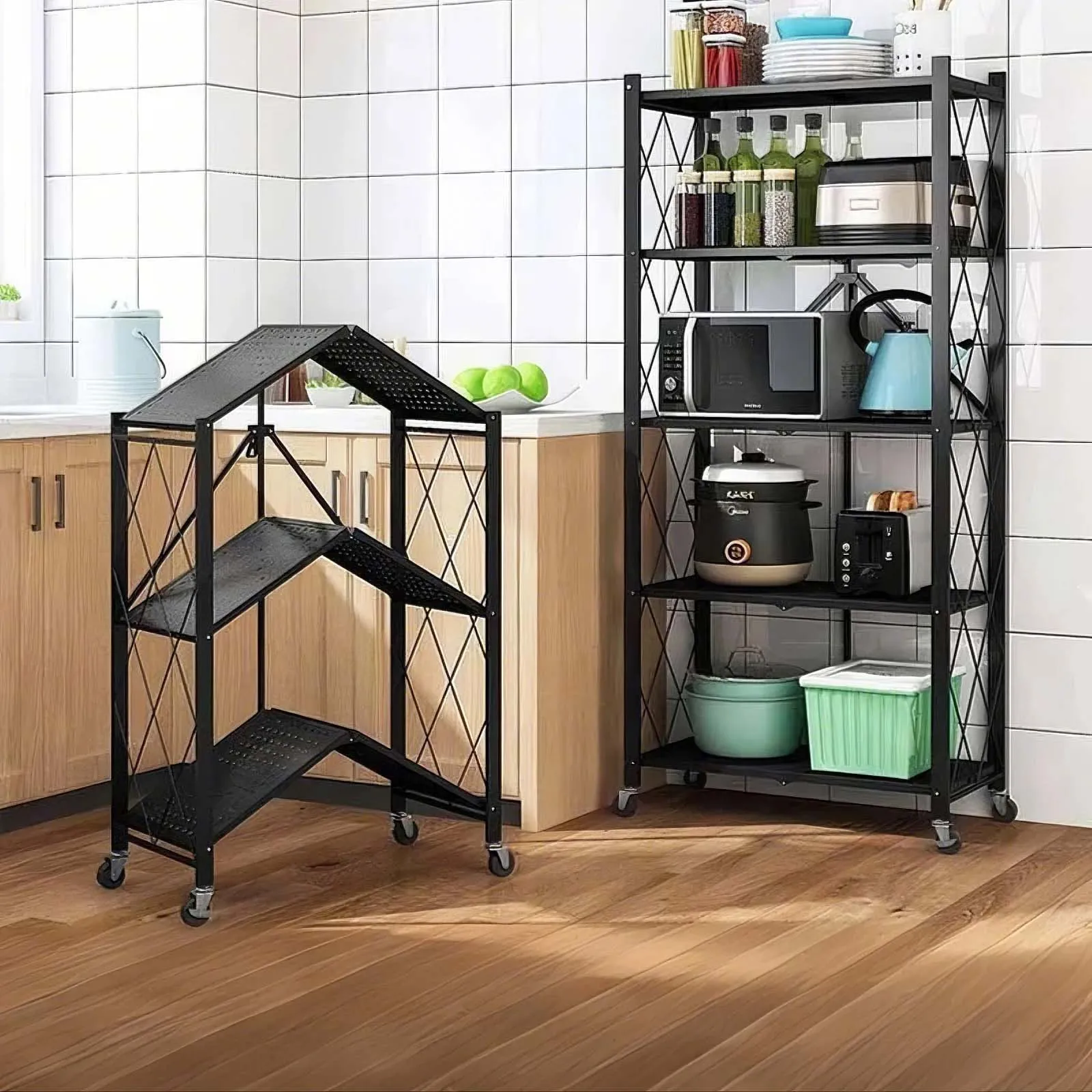 5-stöckiges Faltbares Aufbewahrungsregal mit Rollen, Küchenregale zur Aufbewahrung von Büchern, Küchenutensilien und Sammlungen, Faltbare Metallregale für Arbeitszimmer, Küche, Speisekammer, Balkon