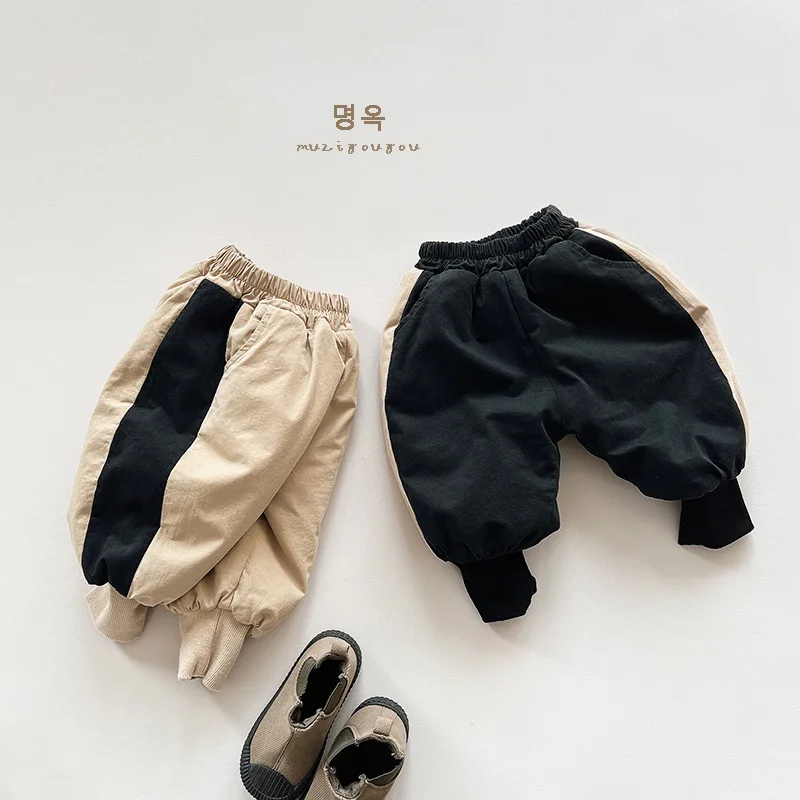 Autumn Winter Children Pants 1-8Y Boys Thick Warm Fleece Patchwork Loose Daily Harem Trousers Korean Toddler Wear Kids Clothing