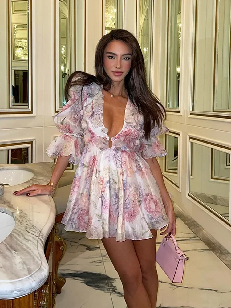 Moda alargamento manga com decote em v impresso mini vestido feminino cintura alta uma linha em camadas vestidos 2025 senhora robes verão praia vestido de festa