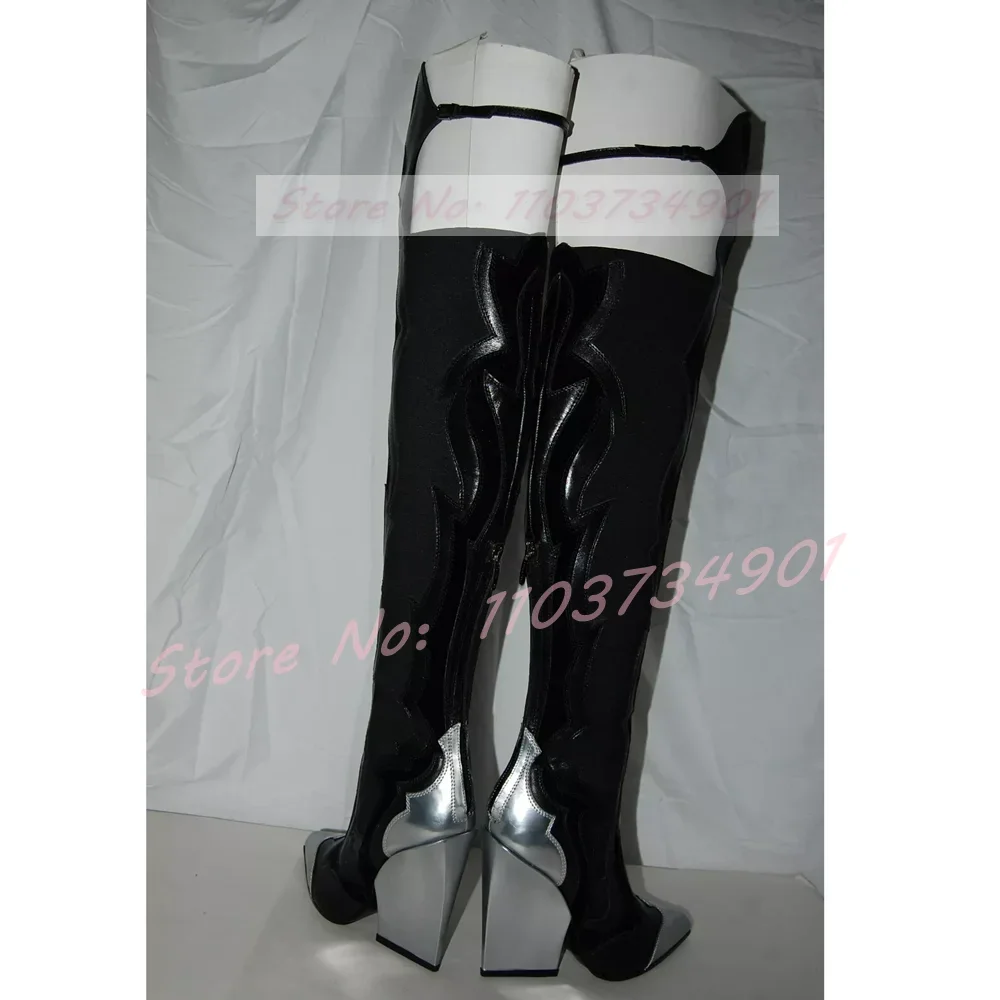 Mixed Colors Thigh High Boots Women Stretch Trim Back Zipper Pointy Toe Block High Heels Boots Lady Nightclub Fashion Punk Shoes