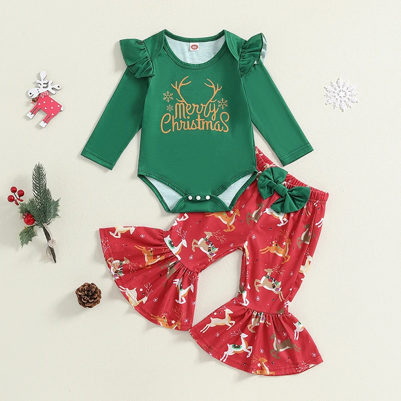 

Fall Newborn Baby Girl Christmas Outfits Cute Letter Embroidered Long Sleeve Romper Deer Print Flare Pants 2Pcs Clothes Sets