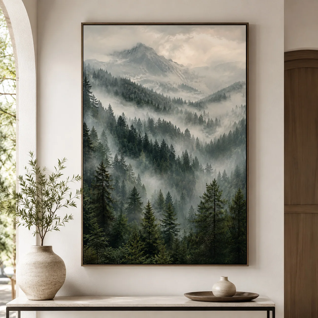 Misty Mountain Forest Canvas Print, Nordic Landscape Wall Art Poster