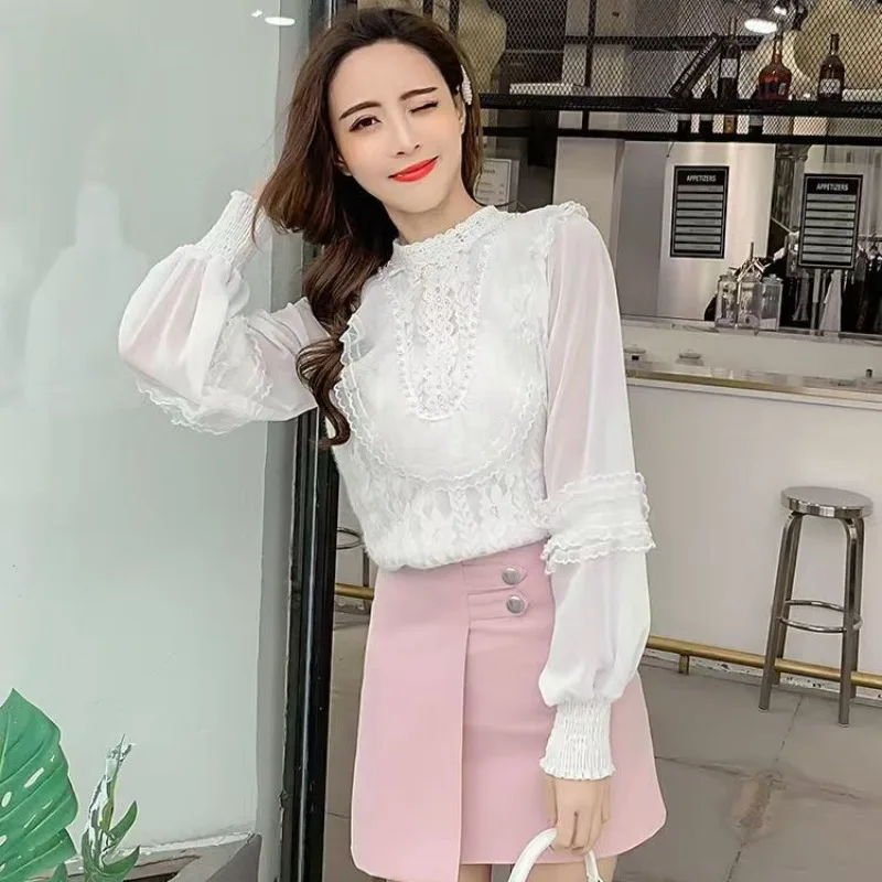 2024 Spring Fashion Embroidered Blouse Ruffle Flower Chiffon Shirt Women's Sweet Long-sleeved Stand-up Collar Ruffled Lace Shirt