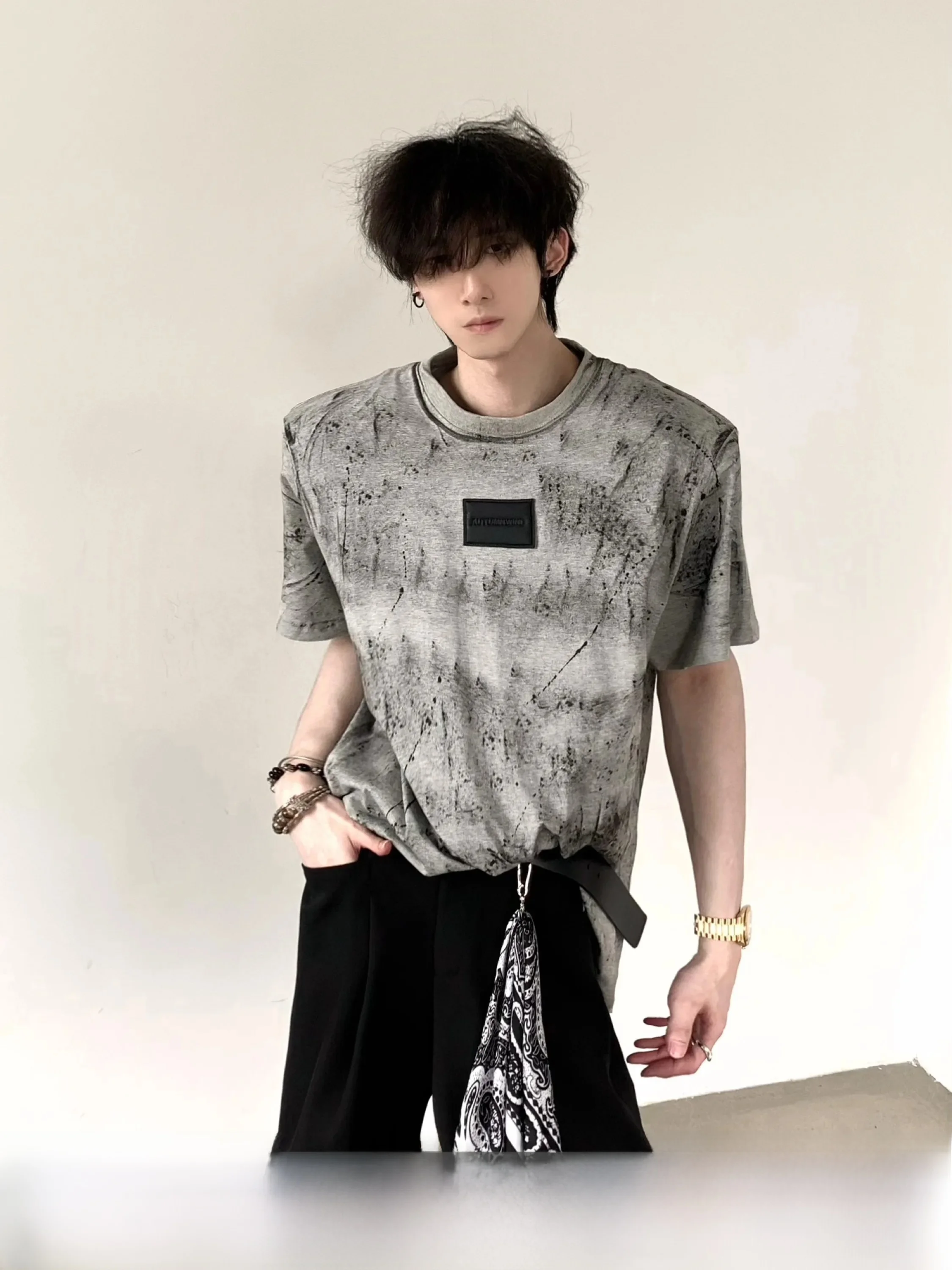 Autumn Mountain Wind Tie Dye Design Heavy Shoulder Pad Short Sleeve Men's Summer High End Retro Trendy T-Shirt Cotton Casual