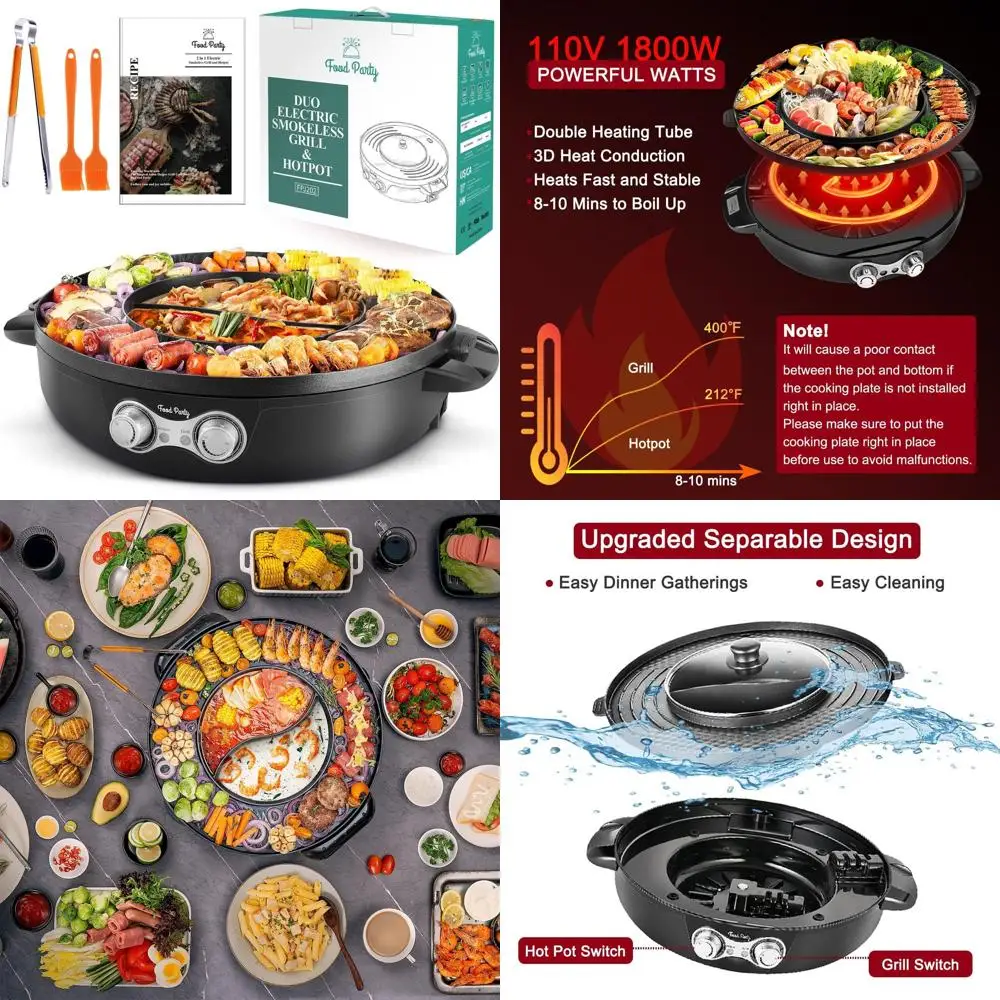 

Deluxe Electric Grill and Hot Pot with Detachable Plate, Recipe Book, Tongs, Oil Brush, and Parchment Paper for BBQ and Cooking