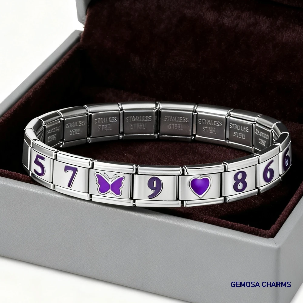 GEMOSA موضة الأرجواني عدد بسيط 0/1/2/3/4/5/6/7/8/9 رابط حلية إيطالية صالح 9 مللي متر سوار الفولاذ المقاوم للصدأ لتقوم بها بنفسك صنع الخرز