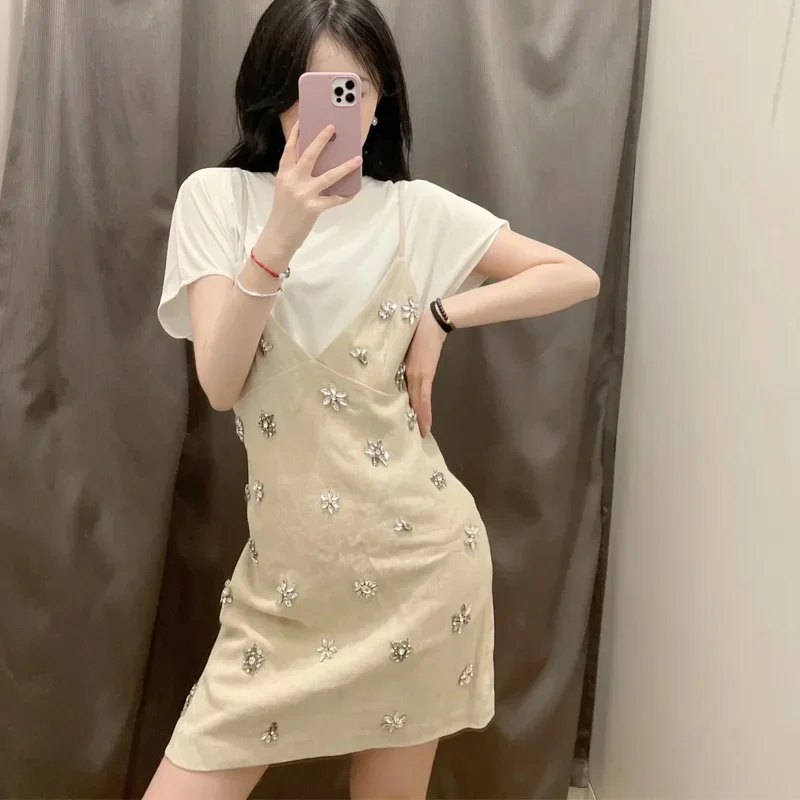 Rhinestone Sleeveless Slip Dress Summer Backless Short Dresses Women Sexy Vacation Party Dresses Beach Elegant Mini Dress