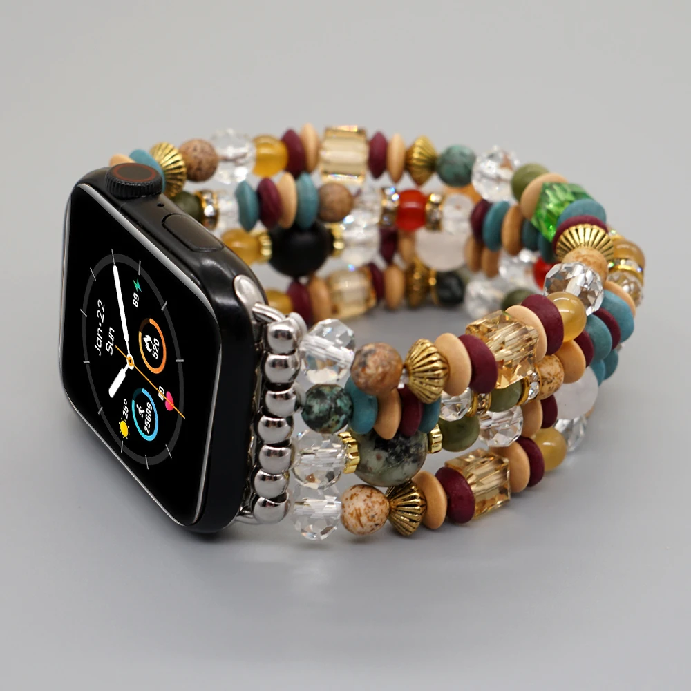 Indian Agate Beaded Compatible Apple Watch Band 38mm 40mm 41mm Series SE Ultra 8/7/6/5/4/3 Handmade Adjustable Strap for iWatch