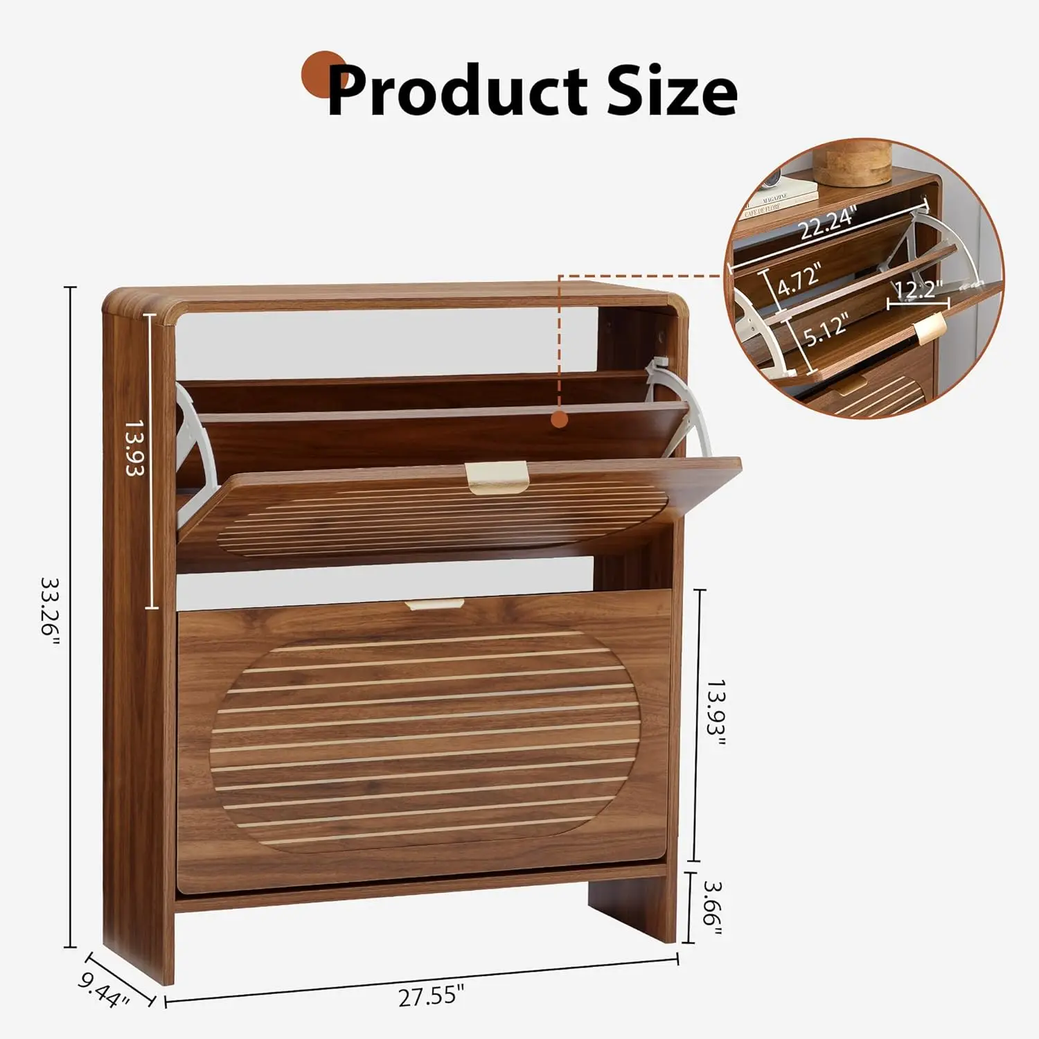 Narrow Slim Shoe Storage Cabinet Hidden 2 Flip Drawer Mid-Century Organizer Entryway Apartment Walnut Divider, Customized