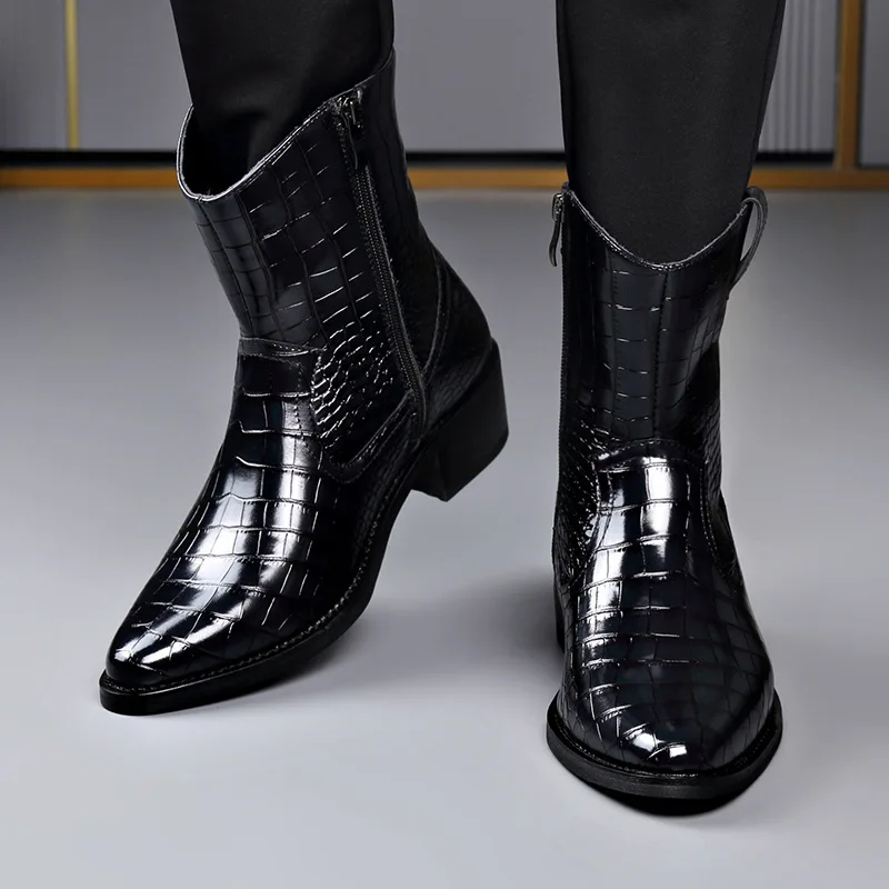 Botines de cuero con patrón de cocodrilo para hombre, zapatos de vestir de moda de talla grande de estilo británico, botas Chelsea de diseñador negras para hombre