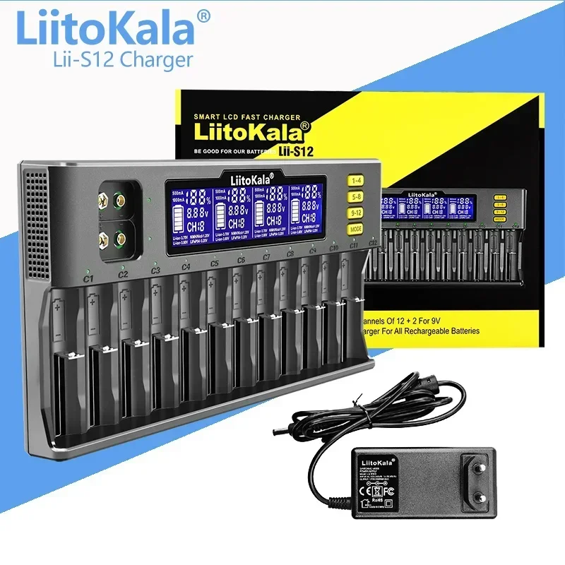 LiitoKala Lii-S8 Lii-S12 LCD Battery Charger for Li-ion LiFePO4 Ni-MH Ni-Cd 9V 21700 20700 26650 18350 18650 RCR123 18700