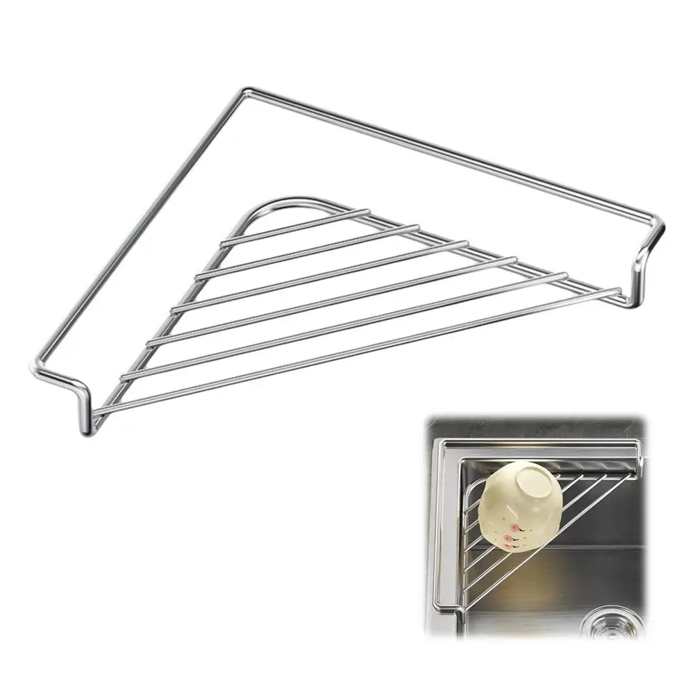 Stainless Steel Sink Caddy Triangle Corner Storage Rack Sponge Dish Cloth Holder Drainer No Drill RV Kitchen Accessories