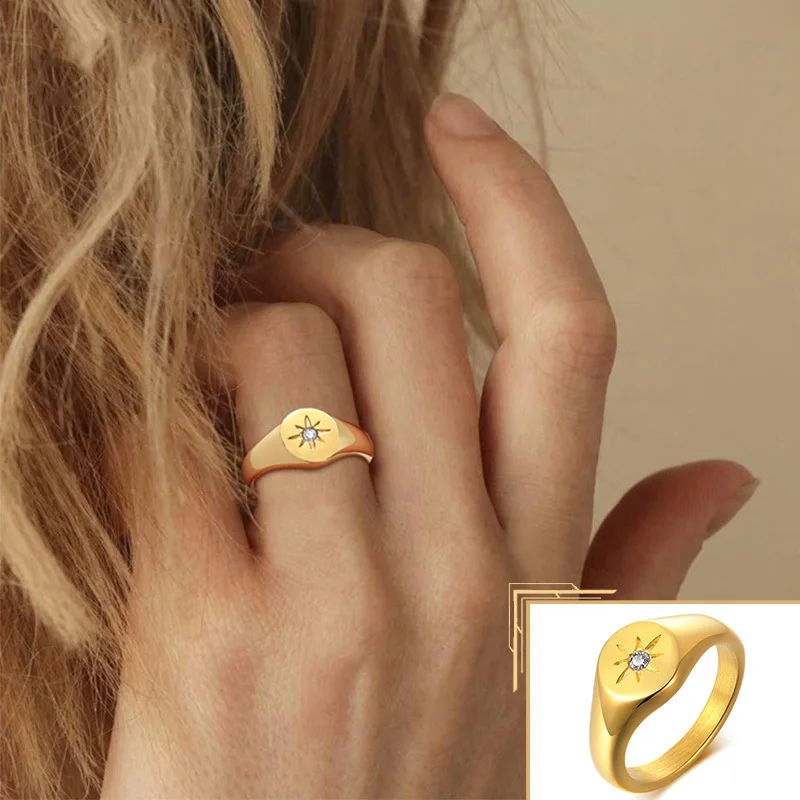 Women Star Signet Rings, Gold Color Solid Stainless Steel Round Top Finger Band, AAA CZ Stone Star Girl Anel