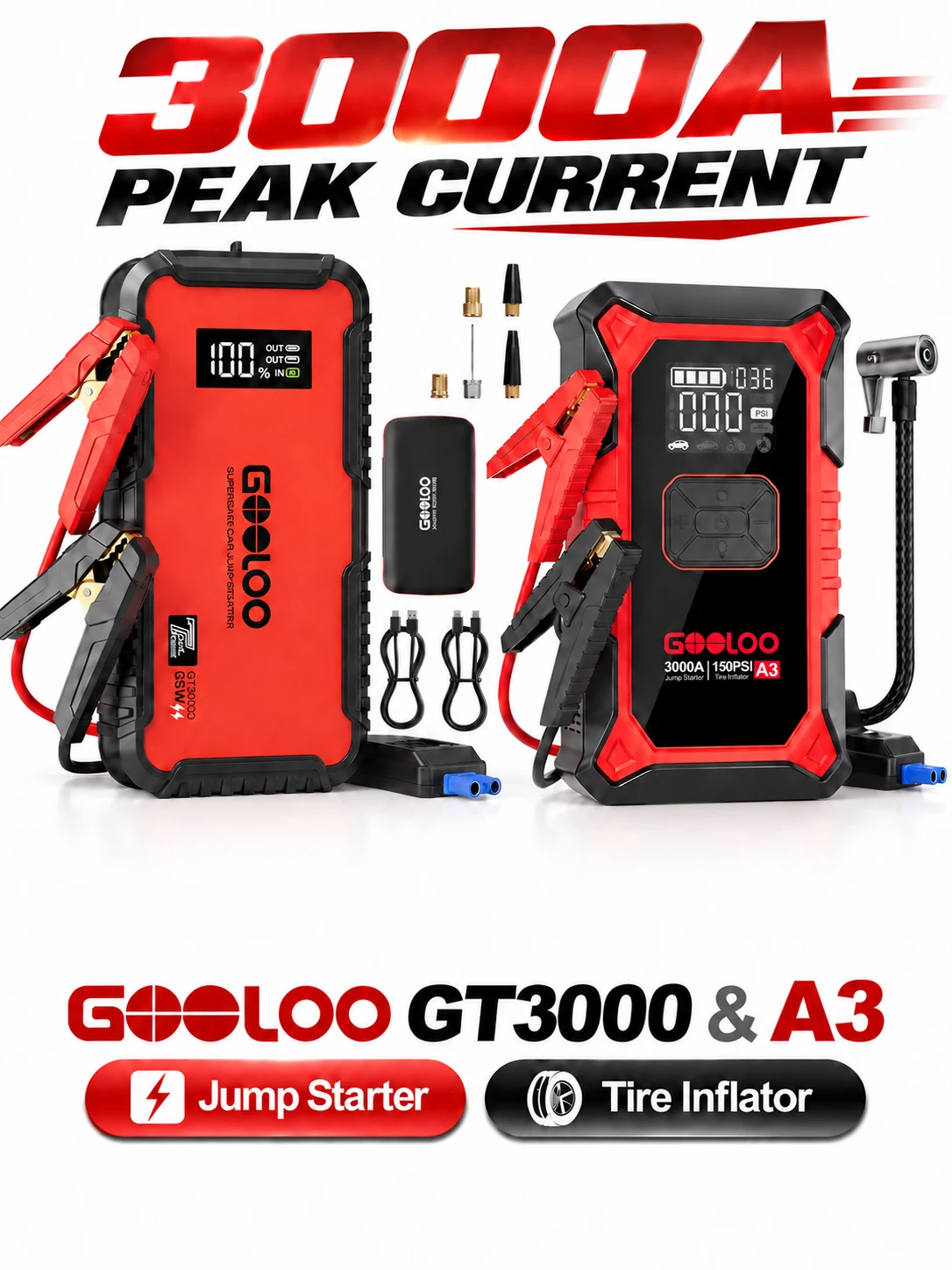 GOOLOO GT3000 & A3 Portable Car Jump Starter, GT3000 65W Fast Charging Power Bank; A3 Built-in Air Compressor,150PSI Auto Shutoff Tire Inflator,LED Emergency Light,Portable Car Battery Booster for Dead Battery Roadside Emergency