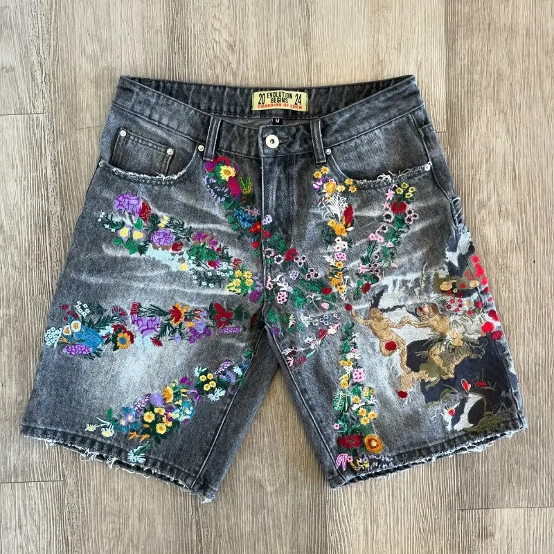 2024 New Summer Embroidered Washed High Waist Jeans Women's Y2K Street Hip Hop Harajuku Loose Button Zipper Short Jeans Men's