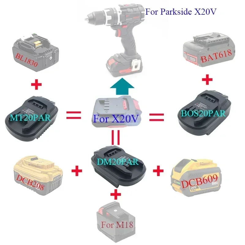 Imagem -02 - Adaptador para Makita para Dewalt para Milwaukee para Bosch Bateria de Íon-lítio para Ferramentas Parkside X20v Mt20par Dm20par Bos20par