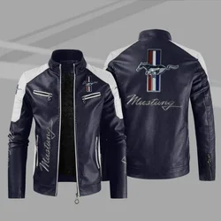 Chaqueta De cuero PU con logotipo De Mustang para Hombre, cortavientos informal De lana para motocicleta, cuello alto, Invierno