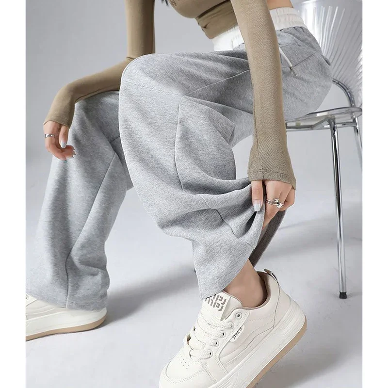 الفتيات الكلاسيكية مصمم واسعة الساق Sweatpants 2025 رائجة البيع الإناث عالية الخصر السراويل النساء الكورية فضفاض الرباط السراويل