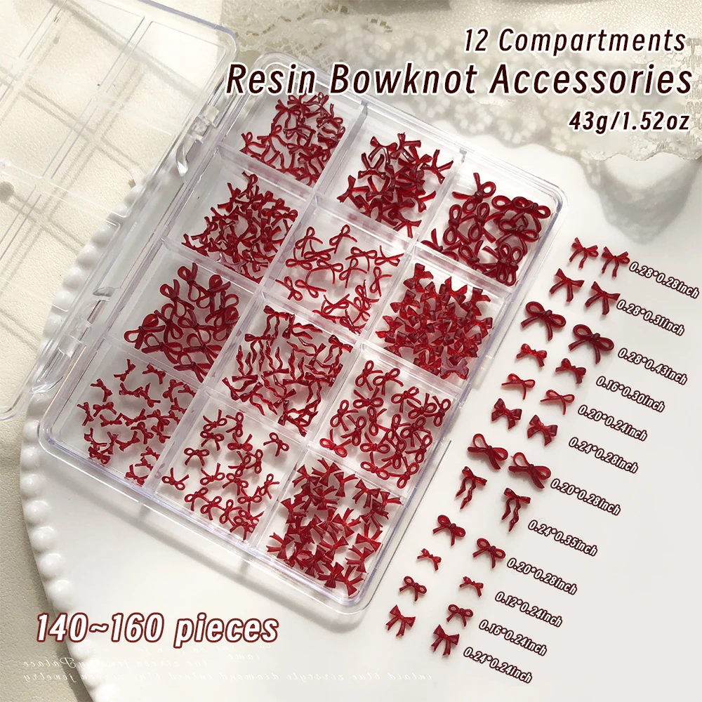 1箱120～160個入り 3Dレジン マイラード風リボンネイルチャーム ヴィンテージ バーガンディ/レッド/ブラウン リボンネイルデコレーション 秋/冬 マニキュアジュエリー