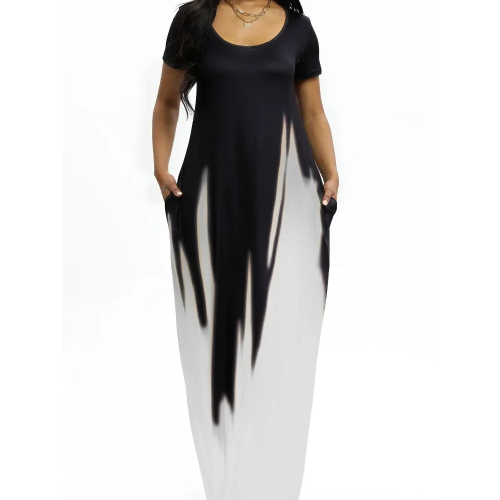 แม็กซี่เดรสแขนกุดยาวผู้หญิงขนาดบวกสีดําถึงสีม่วง Ombre พิมพ์หลวมพอดีคอกลมพร้อมกระโปรงกระเป๋า