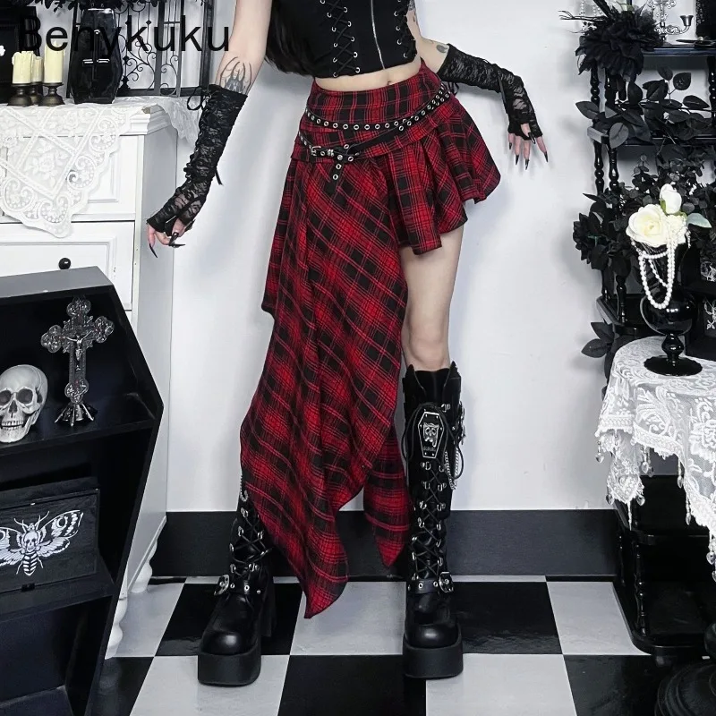 Irregular Harajuku Dark Gothic Red Plaid Skirt Women Streetwear Y2k E-girl Hotsweet High Waist 90s Grunge Chic Skirts Cosplay