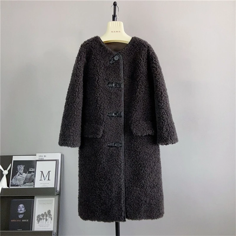 The Winter New Sheep Shearling Leather Wrapped Edge Long Jacket Women Curly Wool Hair Round Neck Warm Coat Parka PT448