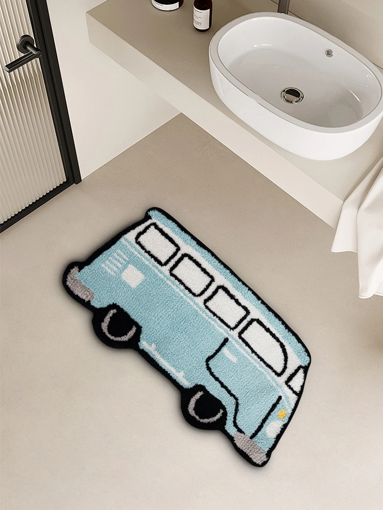 Cute Mini Blue Bus Tufted Rug for Bathroom Bedroom Fluffy Cartoon Bus Area Rug for Kid's Room Bath Mat Home Decor