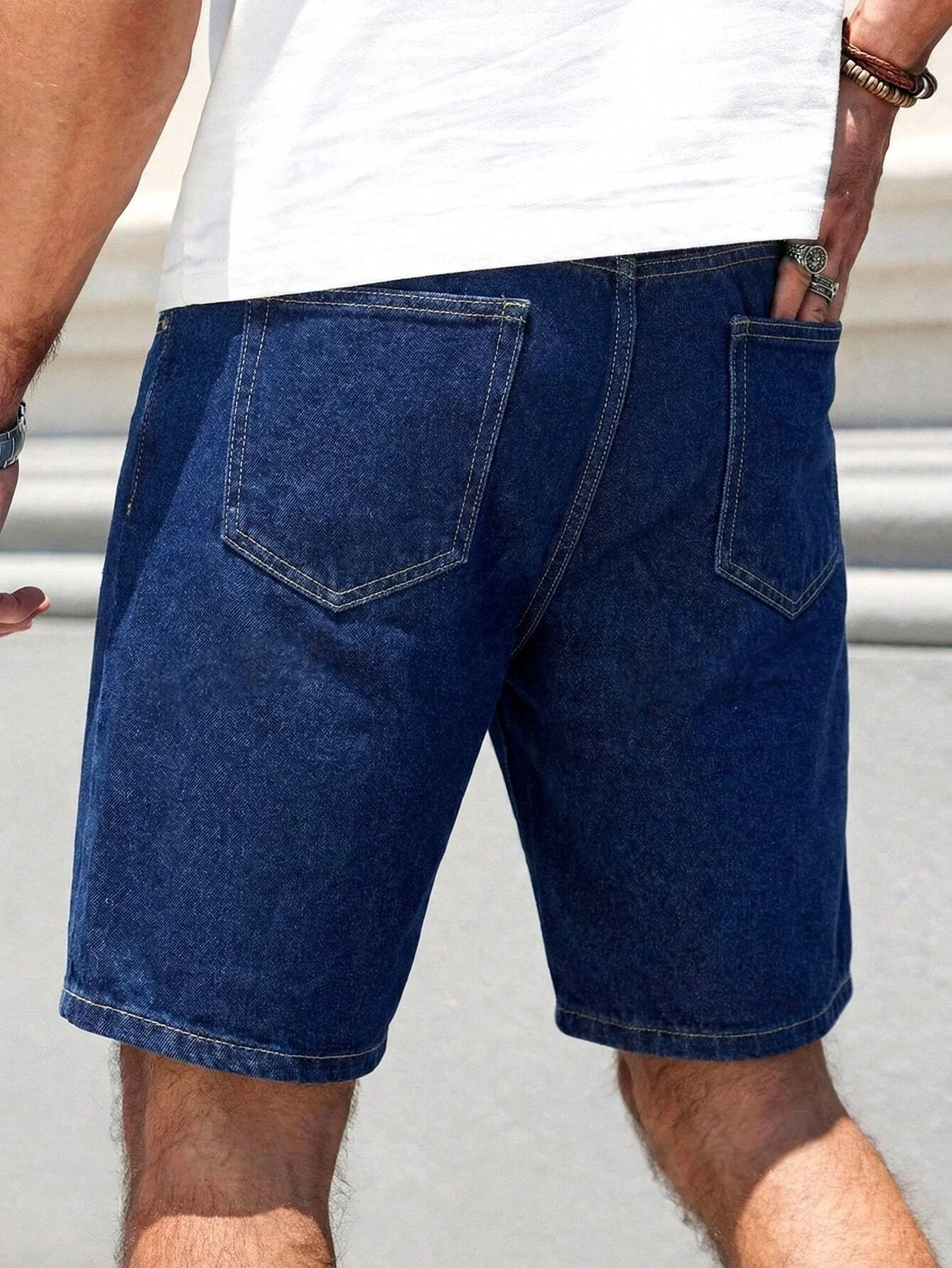 Men's Dark Blue Vintage Distressed Straight-Leg Five-Point Denim Shorts