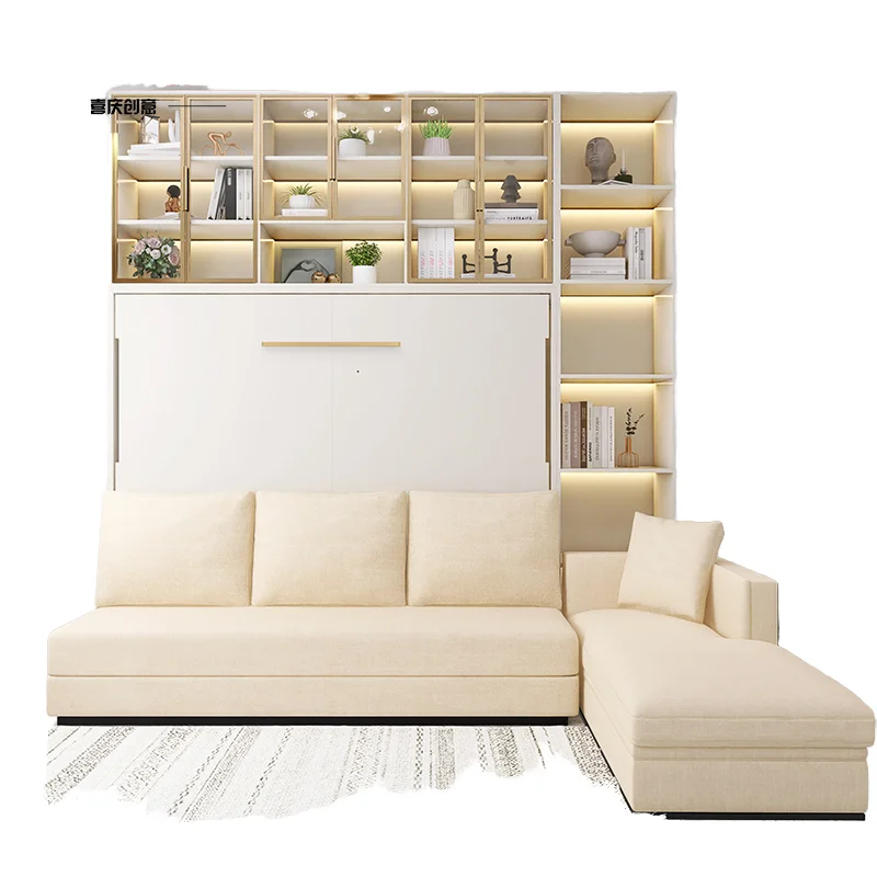 Modern dual-use one-room Murphy bed automatic folding invisible rollover multifunctional fabric upholstered metal wall bedroom