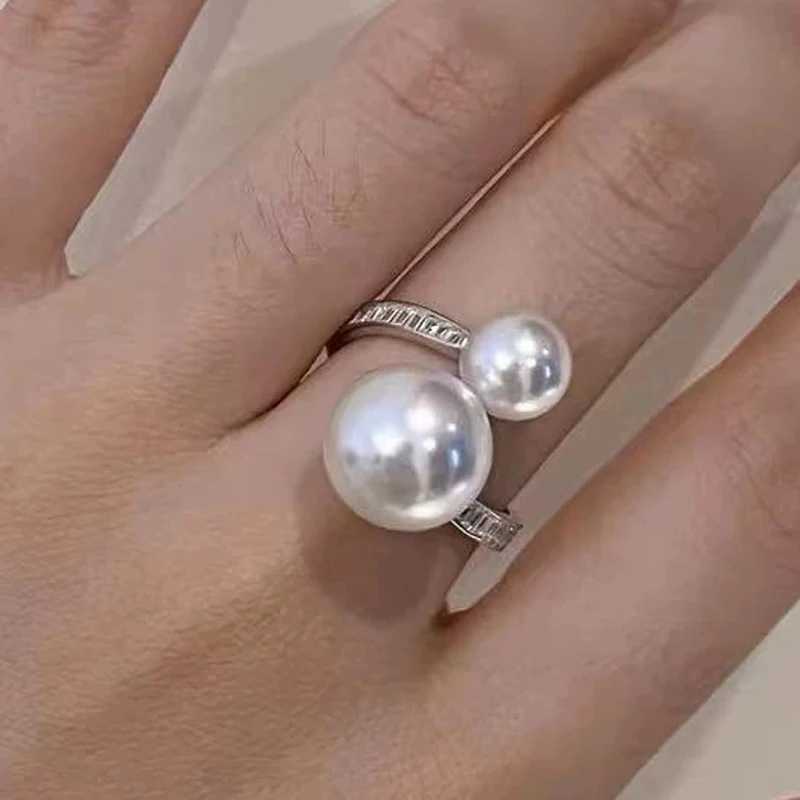 Luxury Asymmetric Pearl 925 Sterling Silver Ring for Women Classics Sweet Open Ring Romantic Wedding Jewelry Gift