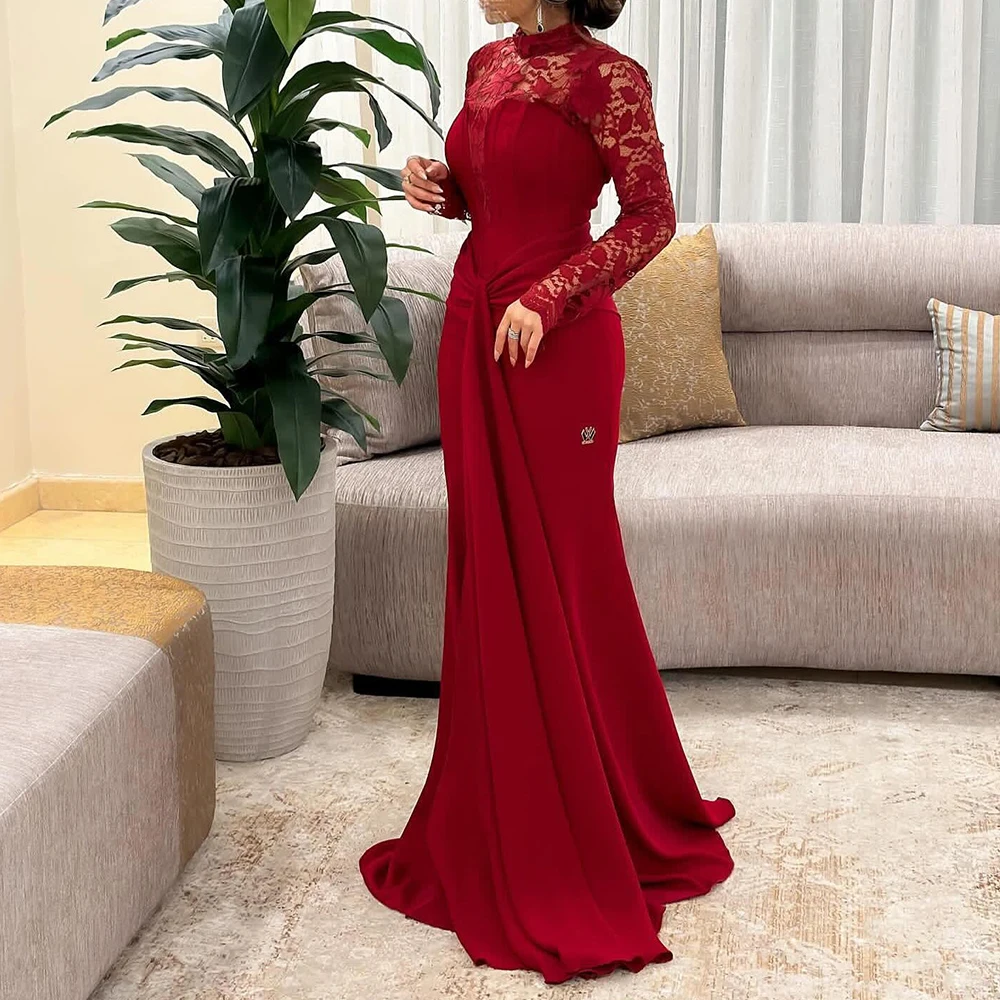 Temperament and Exquisite Lace Pleats Evening Dresses Sweep Train Long Sleeves Jersey High Neckline Floor Length Straight Dubai