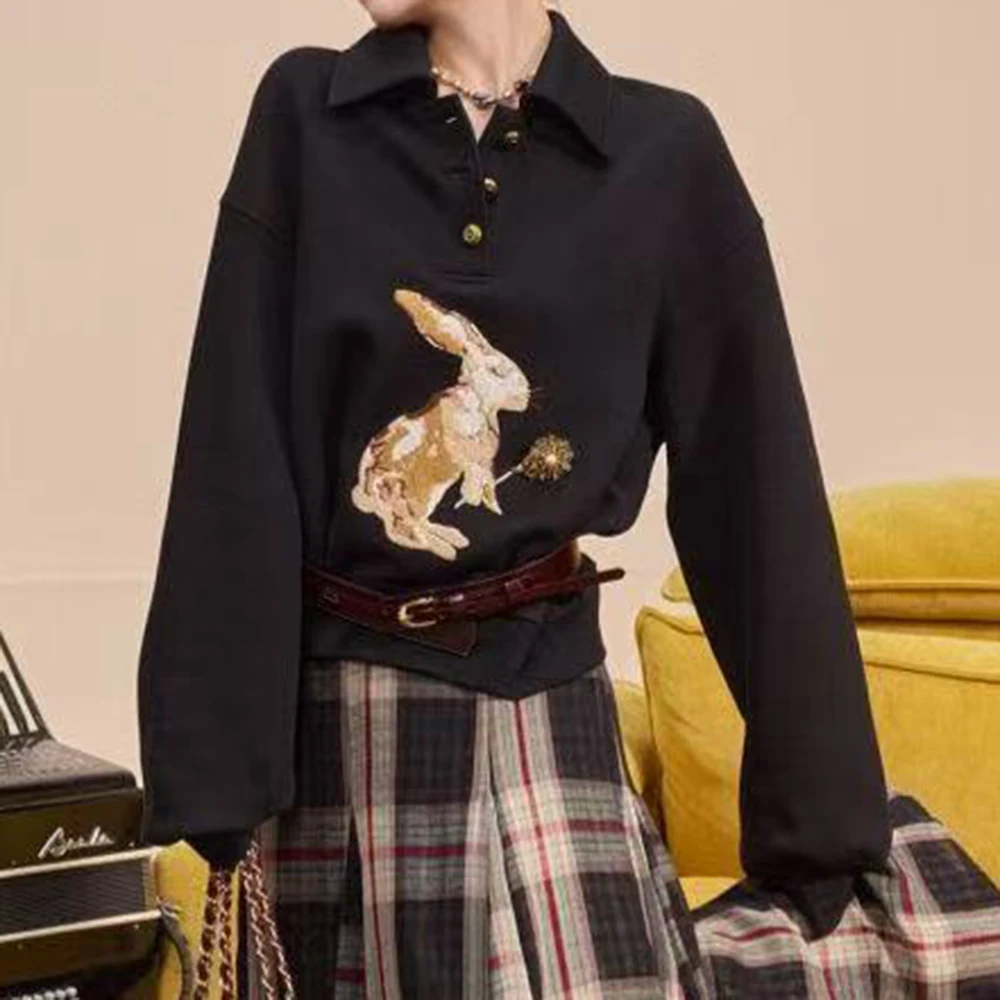 

Rabbit sweater spring and autumn new romantic fairy tale bronze new flower loose print top women hoodie