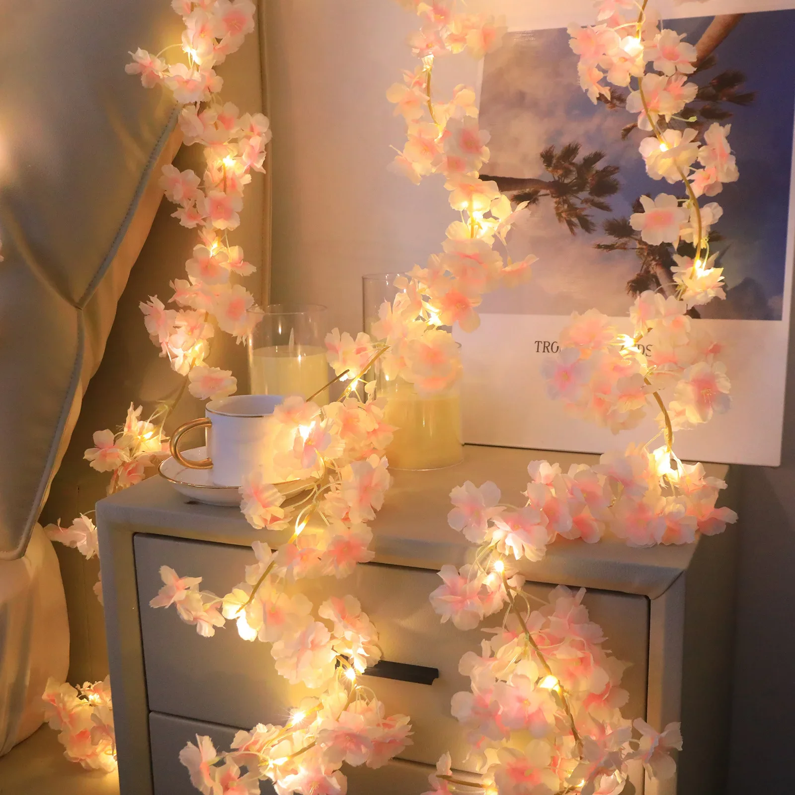 2M 20 LED Luci a corda con fiori di ciliegio Fiore artificiale Luce di vite per camera da letto, feste, giardino, caminetto, decorazione delle scale