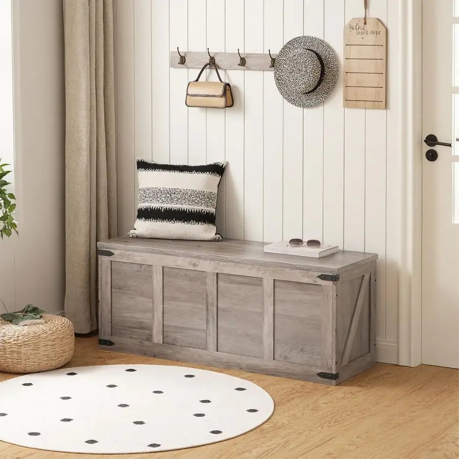 Storage Bench, 47.2Toy Box Organizer with Safety Hinges, Farmhouse Wooden Storage Chest, for Hallway, Bedroom, Living Room, Grei