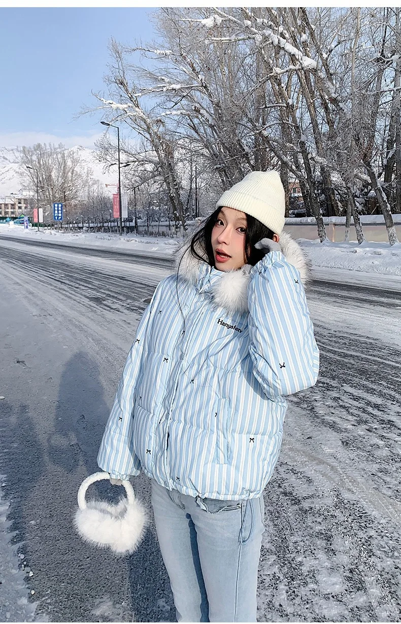 Korean Striped Bow Pattern Cropped Padded Jacket for Women Winter Hooded Coat with Faux Fur Collar Woman Sweet Thick Warm Parkas