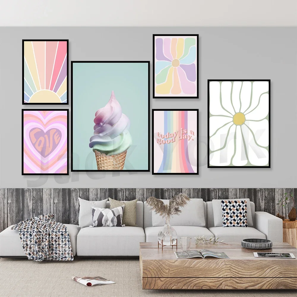 Danish Pastel Decor Rainbow Wall Art, Abstract Flower Art, Cottagecore Wall Art, Flower Power 70s Aesthetic Printable Wall Art