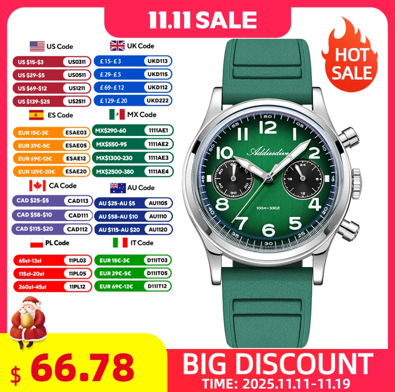 

ADDIESDIVE New 38mm Chronograph Watch Luxury Quartz Men's Watch Waterproof Luminous Wrist Watch Stainless Steel Bubble Glass