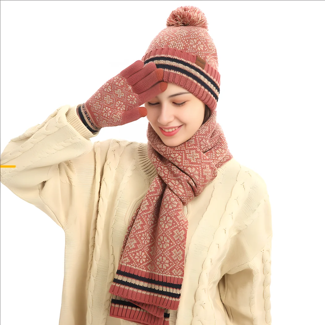 Winter clothes knitted fur glove casual hat and scarf set 2024