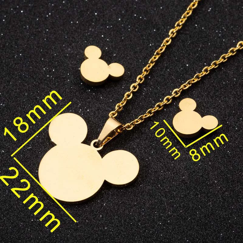 Conjunto de joyería de acero inoxidable con cabeza de Mickey para mujer y niña, collar de pendientes de botón de Minnie Mouse, Color dorado y