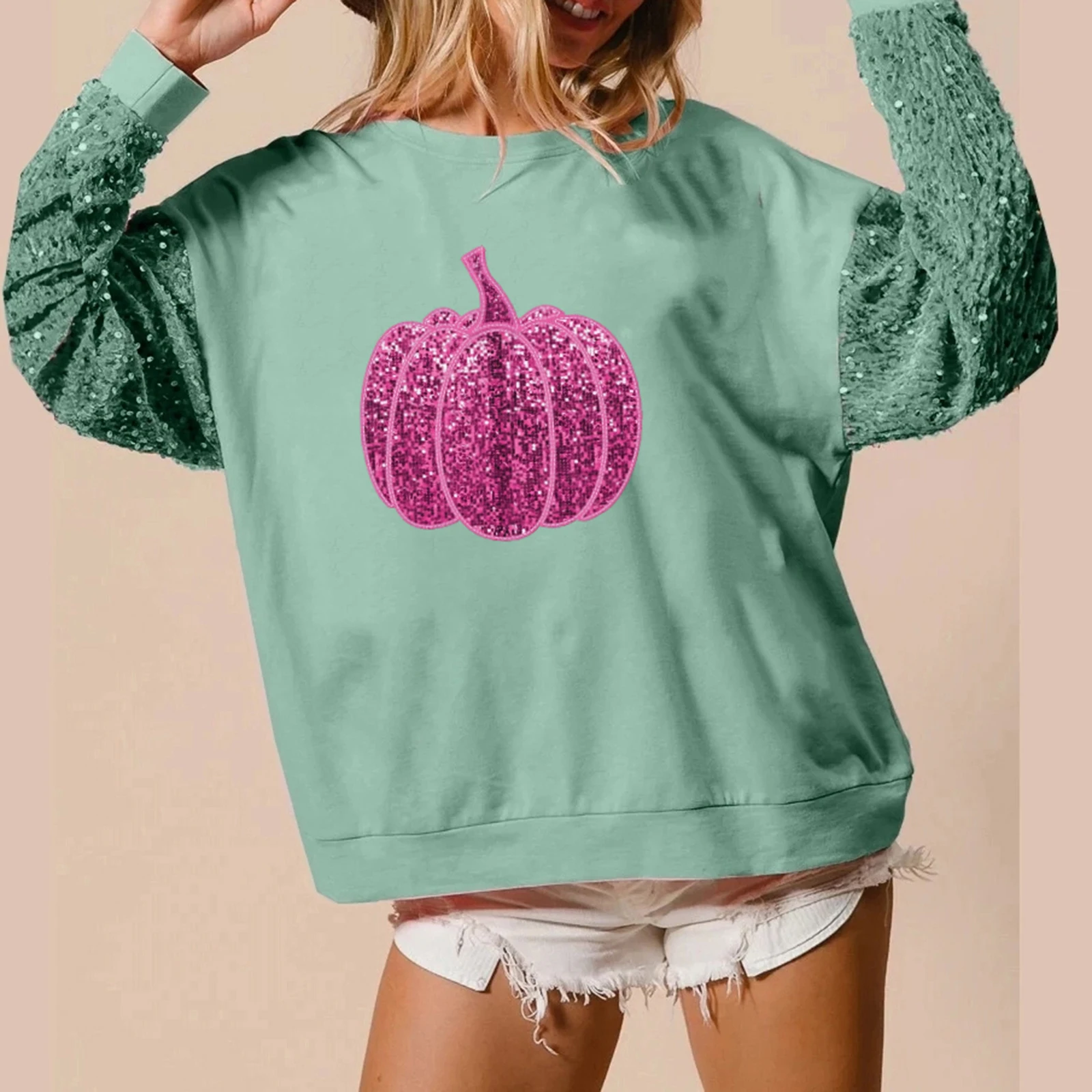 Moletom feminino de lantejoulas de Halloween solto manga comprida gola redonda pulôver de abóbora