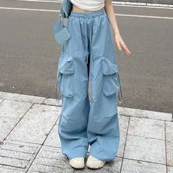 Blue Sweet Embroidered Casual Trousers Women Japanese Versatile Trend Summer High Waist Loose Multi Pocket Wide Leg Cargo Pants