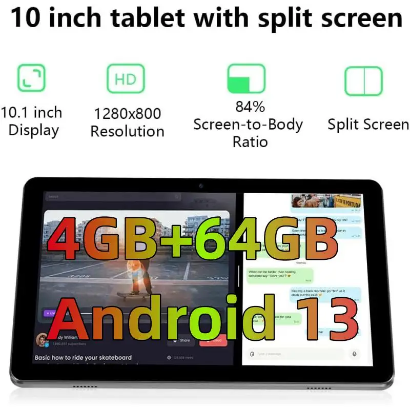 Brand New 4GB RAM 64GB ROM Android 13 Tablet PC 10.1 INCH K12 CPU RK3562 Quad-Core 6000mAh 1280*800IPS WiFi Bluetooth- 4.0