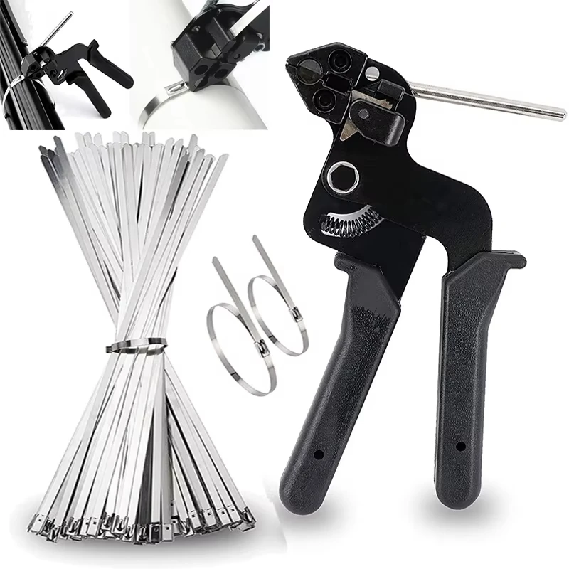 Heavy Duty 304 Stainless Steel Cable Tie Gun 100PCS Metal Zip Ties Cutter UV Resistant Tool Fence Ties 4.6mm Width